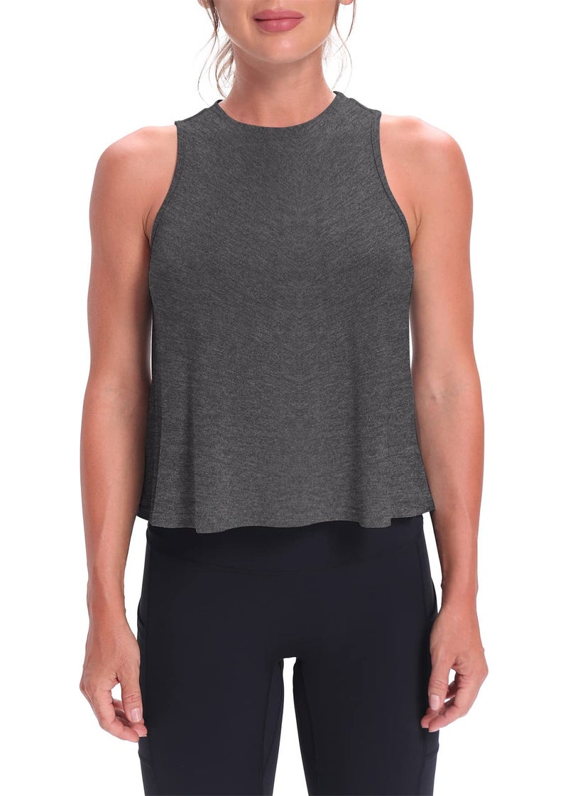 Mippo Workout Tops for Women High Neck Tank Cropped Workout Top Womens Muscle Tank Athletic Tshirts Crop Tees Heather Gray S - Image 2
